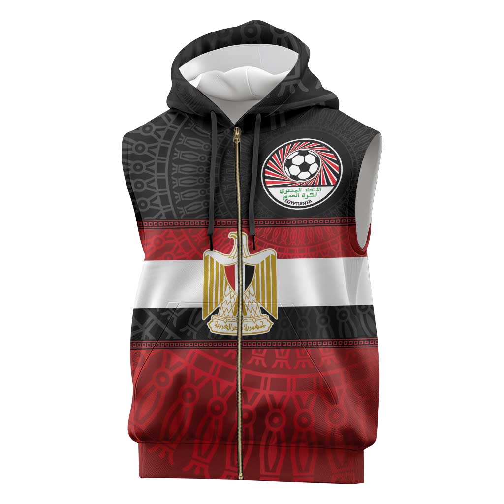 Custom Egypt National Football Sleeveless Zip Hoodie Egyptian Geometric and Flag - Wonder Print Shop