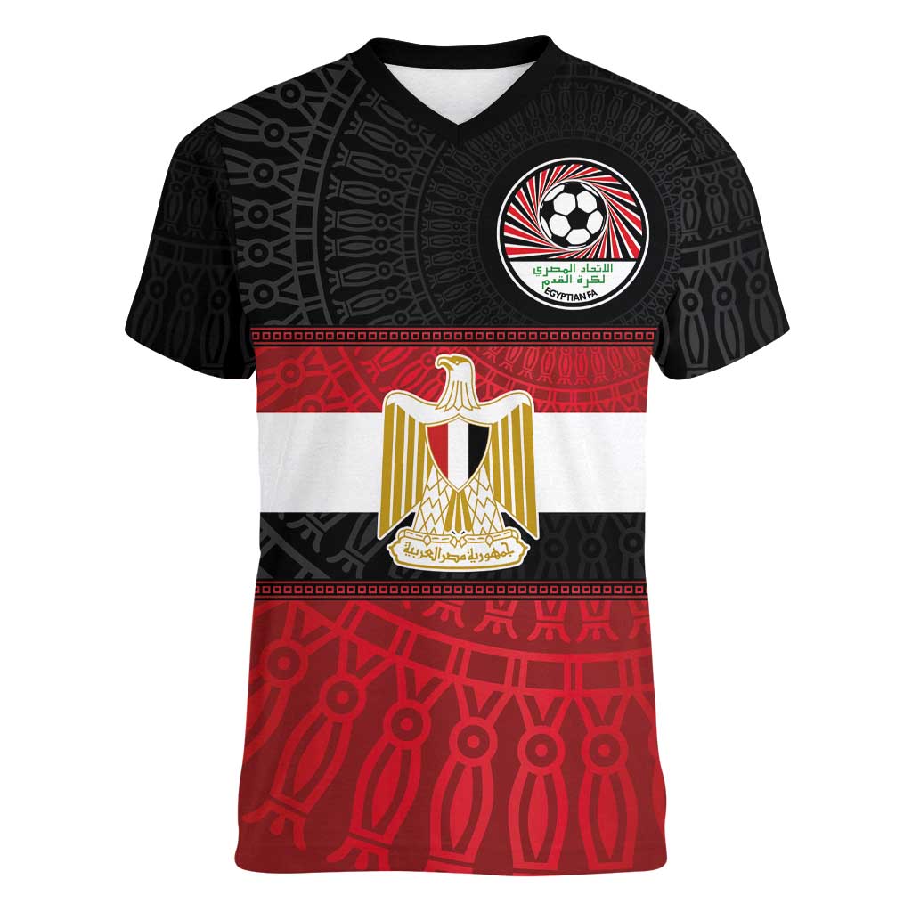 Custom Egypt National Football Women V-Neck T-Shirt Egyptian Geometric and Flag - Wonder Print Shop