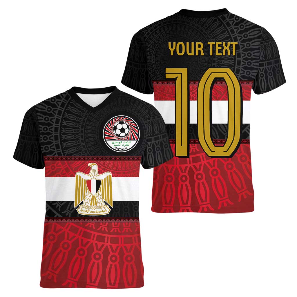Custom Egypt National Football Women V-Neck T-Shirt Egyptian Geometric and Flag - Wonder Print Shop