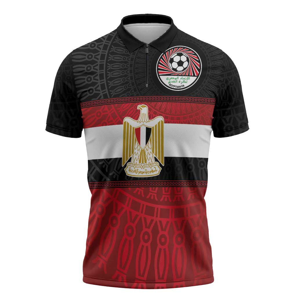 Custom Egypt National Football Zipper Polo Shirt Egyptian Geometric and Flag - Wonder Print Shop