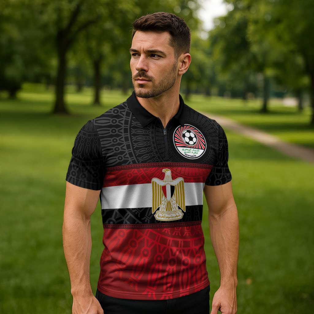 Custom Egypt National Football Zipper Polo Shirt Egyptian Geometric and Flag - Wonder Print Shop