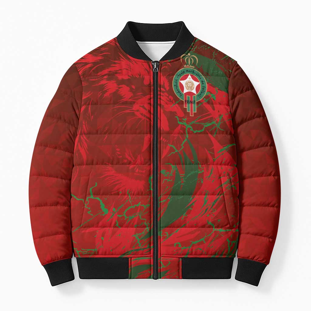 Custom Morocco National Football Bomber Puffer Jacket Atlas Lions Sporty Abstract Pattern - Wonder Print Shop