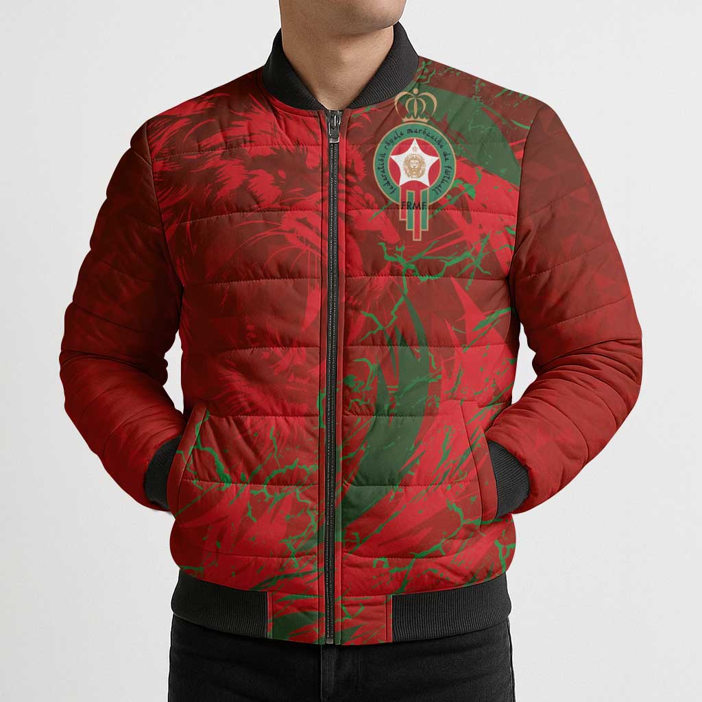 Custom Morocco National Football Bomber Puffer Jacket Atlas Lions Sporty Abstract Pattern - Wonder Print Shop