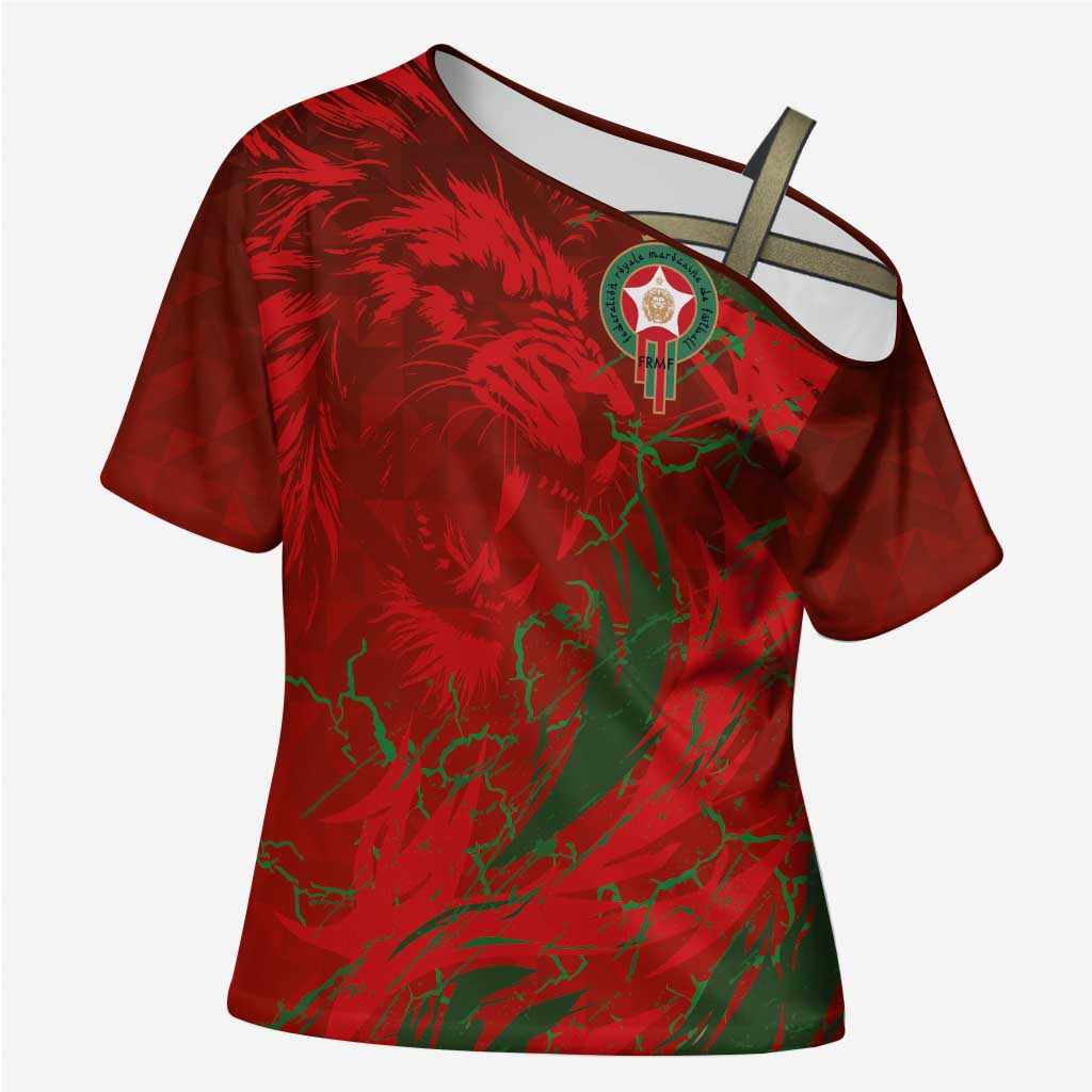 Custom Morocco National Football Cross Shoulder Shirt Atlas Lions Sporty Abstract Pattern - Wonder Print Shop