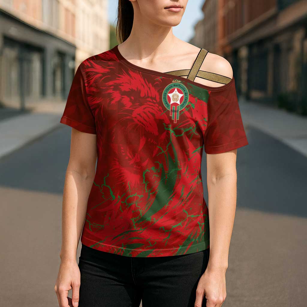 Custom Morocco National Football Cross Shoulder Shirt Atlas Lions Sporty Abstract Pattern - Wonder Print Shop