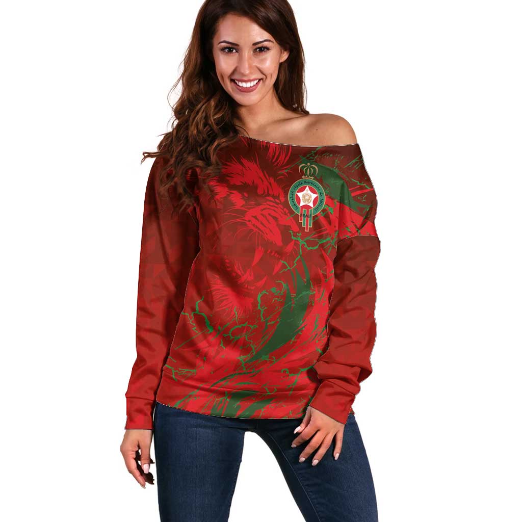 Custom Morocco National Football Off Shoulder Sweater Atlas Lions Sporty Abstract Pattern - Wonder Print Shop