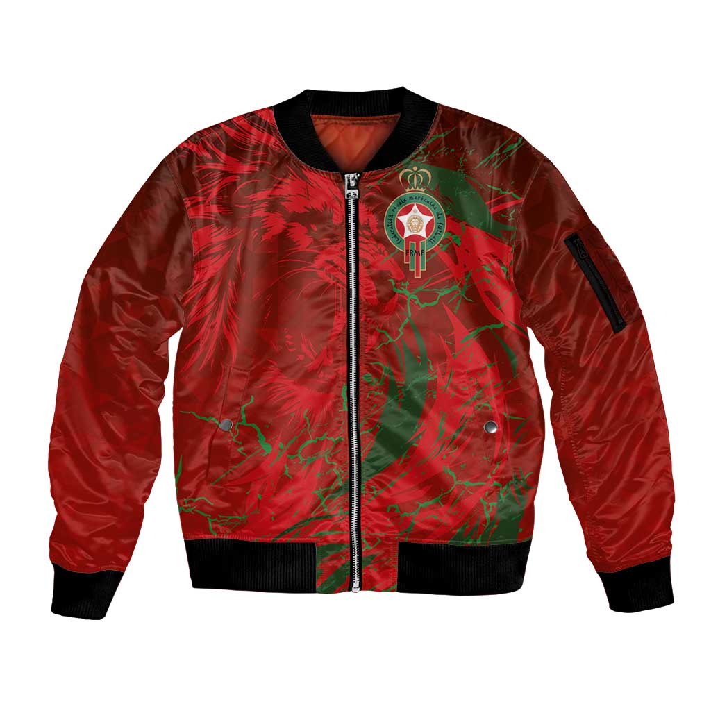 Custom Morocco National Football Sleeve Zip Bomber Jacket Atlas Lions Sporty Abstract Pattern - Wonder Print Shop