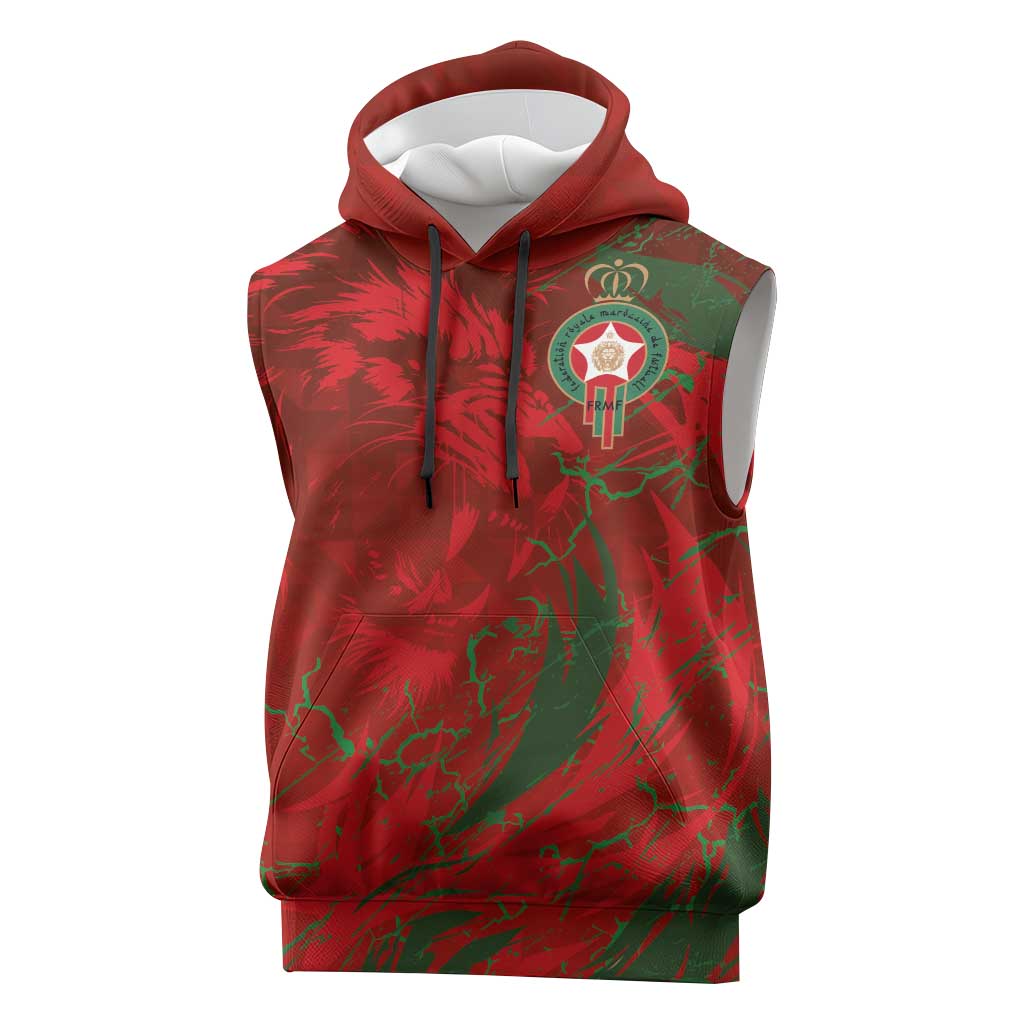 Custom Morocco National Football Sleeveless Hoodie Atlas Lions Sporty Abstract Pattern - Wonder Print Shop