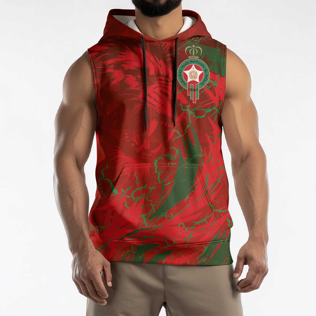 Custom Morocco National Football Sleeveless Hoodie Atlas Lions Sporty Abstract Pattern - Wonder Print Shop