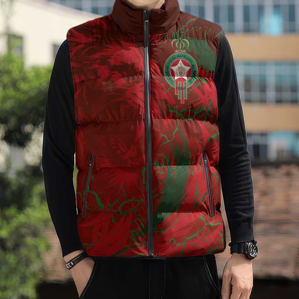 Custom Morocco National Football Sleeveless Puffer Jacket Atlas Lions Sporty Abstract Pattern - Wonder Print Shop