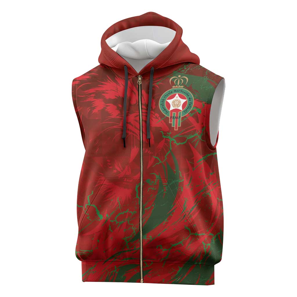 Custom Morocco National Football Sleeveless Zip Hoodie Atlas Lions Sporty Abstract Pattern - Wonder Print Shop
