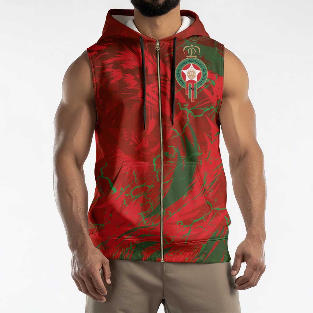 Custom Morocco National Football Sleeveless Zip Hoodie Atlas Lions Sporty Abstract Pattern - Wonder Print Shop