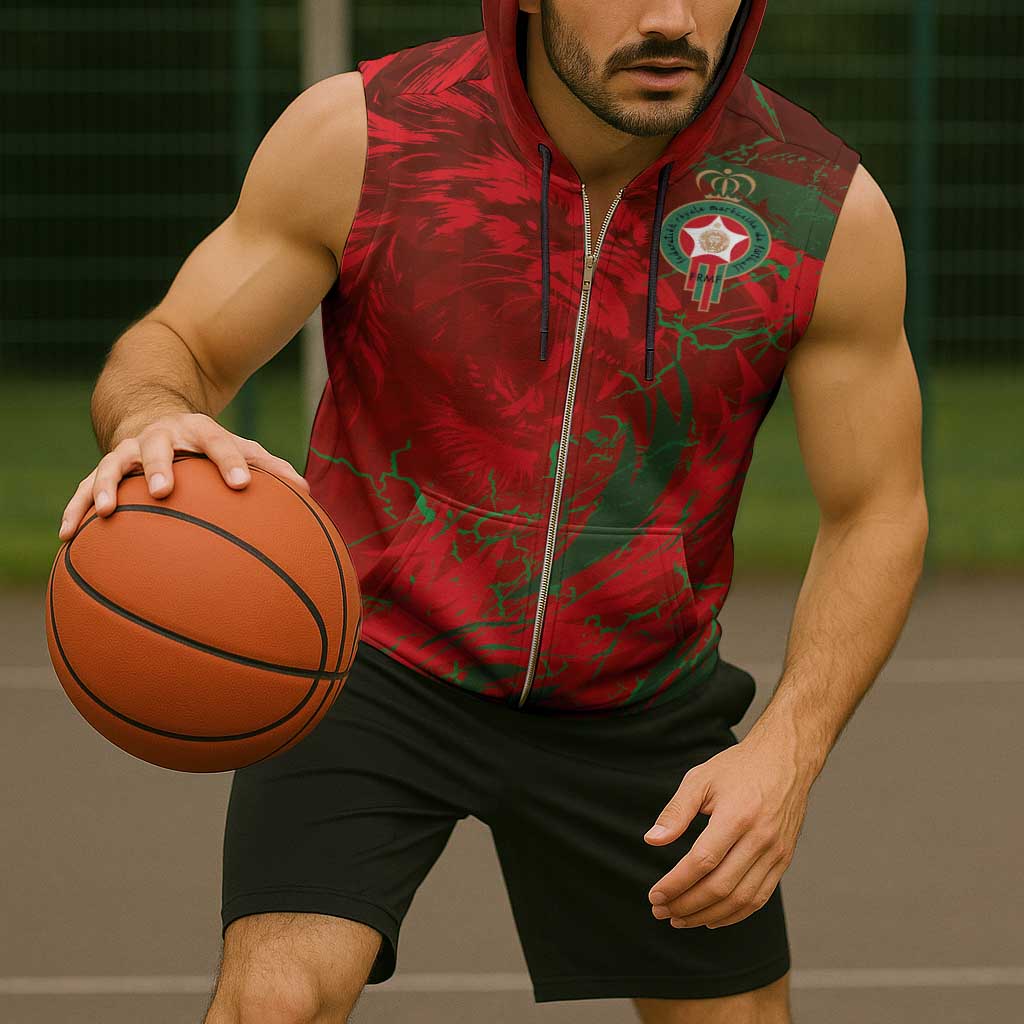 Custom Morocco National Football Sleeveless Zip Hoodie Atlas Lions Sporty Abstract Pattern - Wonder Print Shop