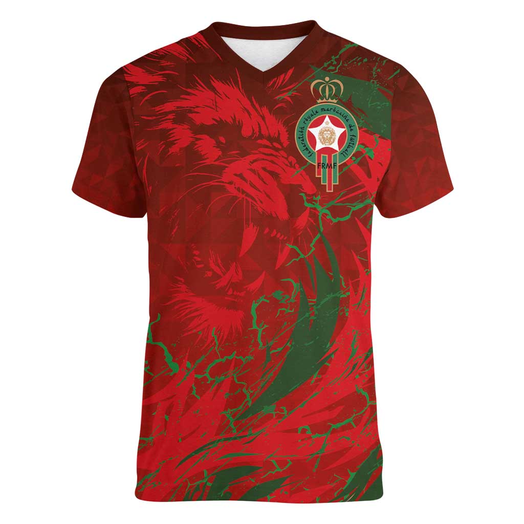 Custom Morocco National Football Women V-Neck T-Shirt Atlas Lions Sporty Abstract Pattern - Wonder Print Shop