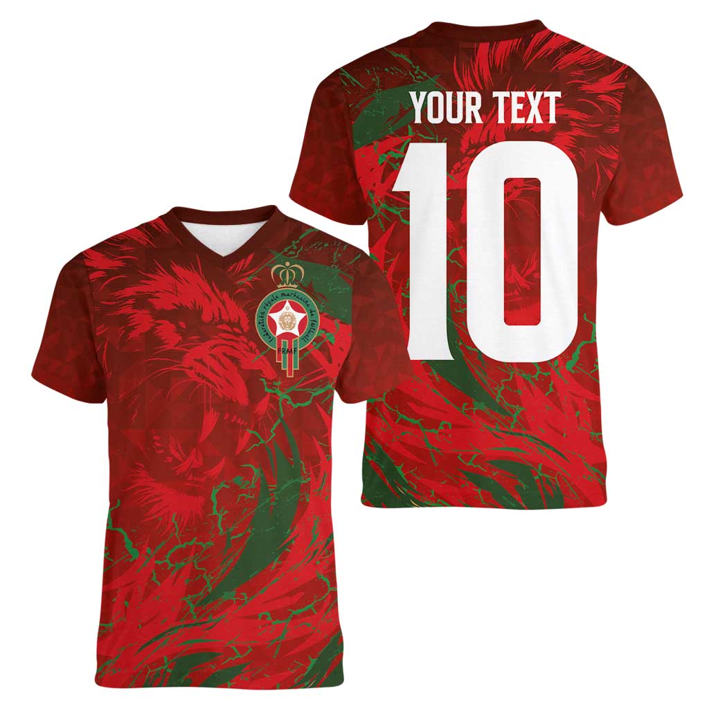 Custom Morocco National Football Women V-Neck T-Shirt Atlas Lions Sporty Abstract Pattern - Wonder Print Shop