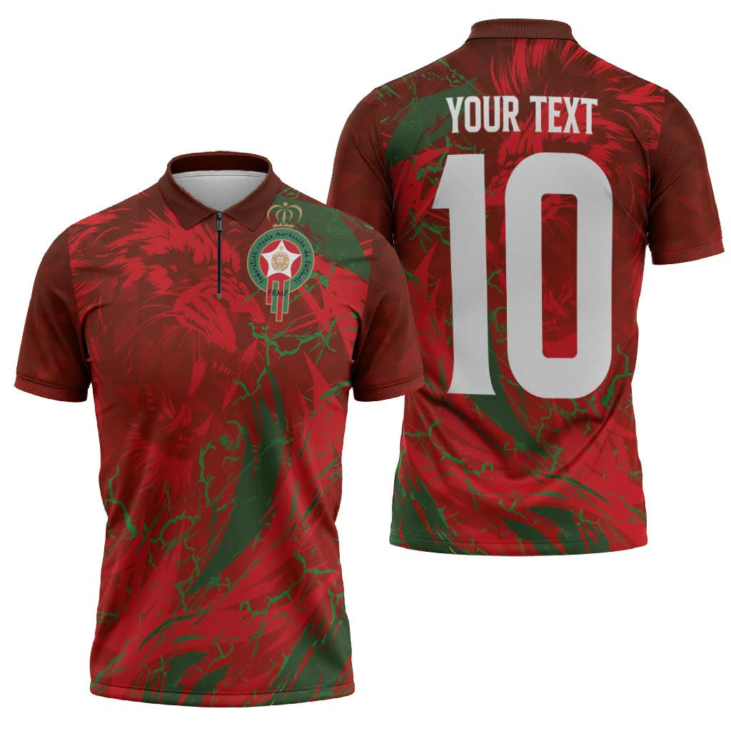 Custom Morocco National Football Zipper Polo Shirt Atlas Lions Sporty Abstract Pattern - Wonder Print Shop