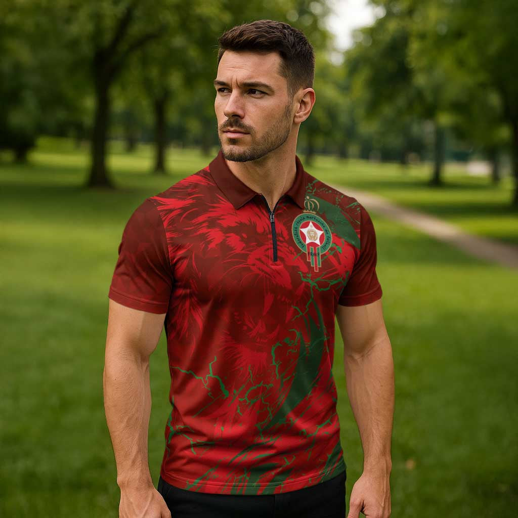 Custom Morocco National Football Zipper Polo Shirt Atlas Lions Sporty Abstract Pattern - Wonder Print Shop