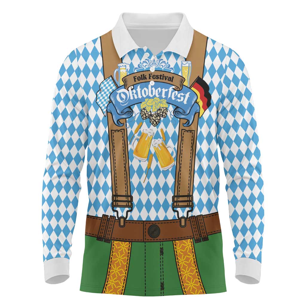 Oktoberfest Long Sleeve Polo Shirt Beer Festival Spirit Lederhosen Costume Style - Wonder Print Shop