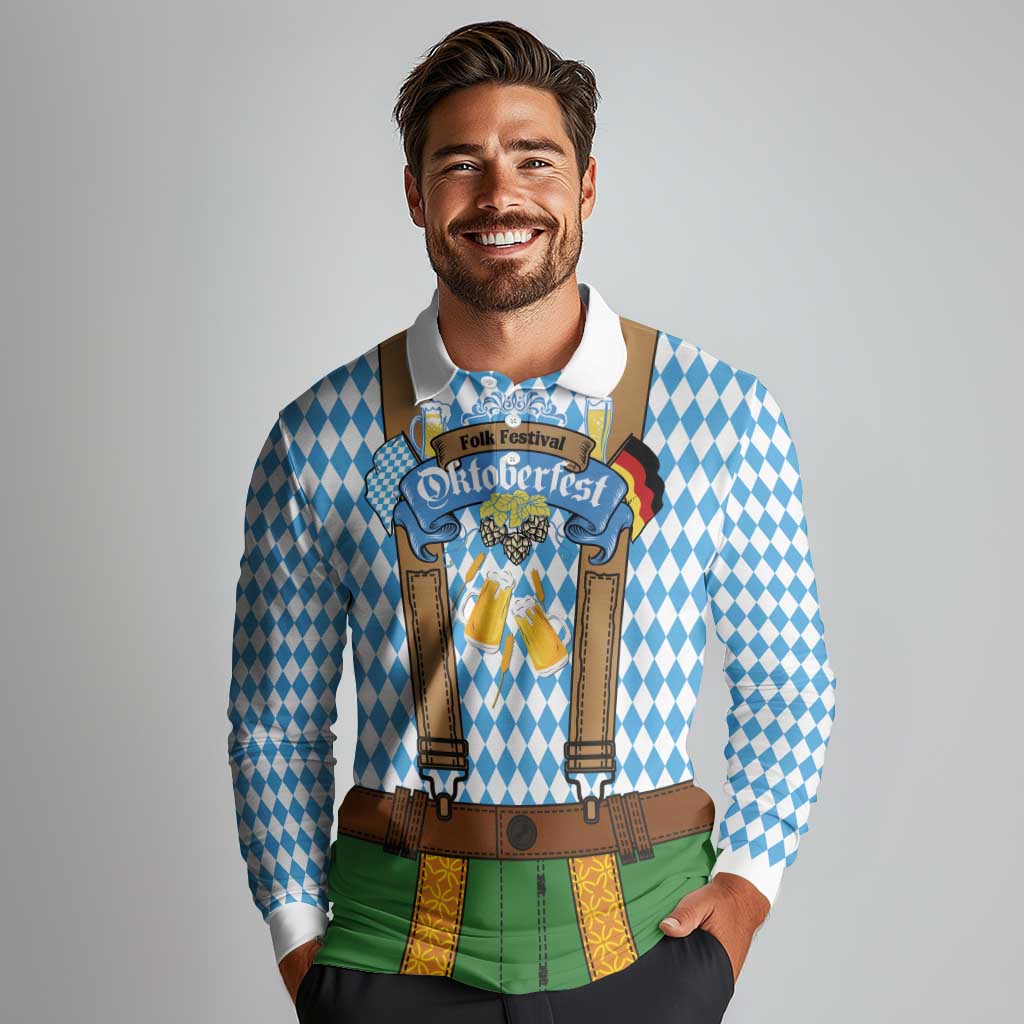 Oktoberfest Long Sleeve Polo Shirt Beer Festival Spirit Lederhosen Costume Style - Wonder Print Shop