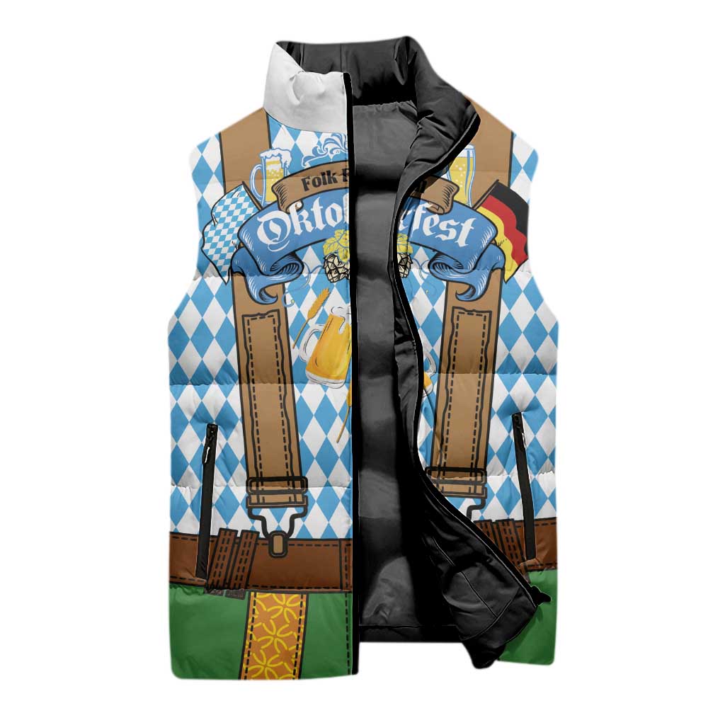 Oktoberfest Sleeveless Puffer Jacket Beer Festival Spirit Lederhosen Costume Style - Wonder Print Shop