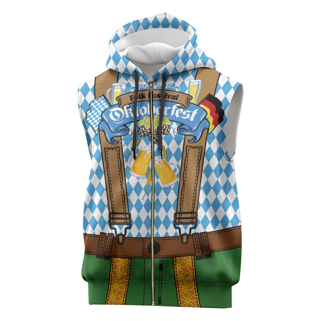 Oktoberfest Sleeveless Zip Hoodie Beer Festival Spirit Lederhosen Costume Style - Wonder Print Shop