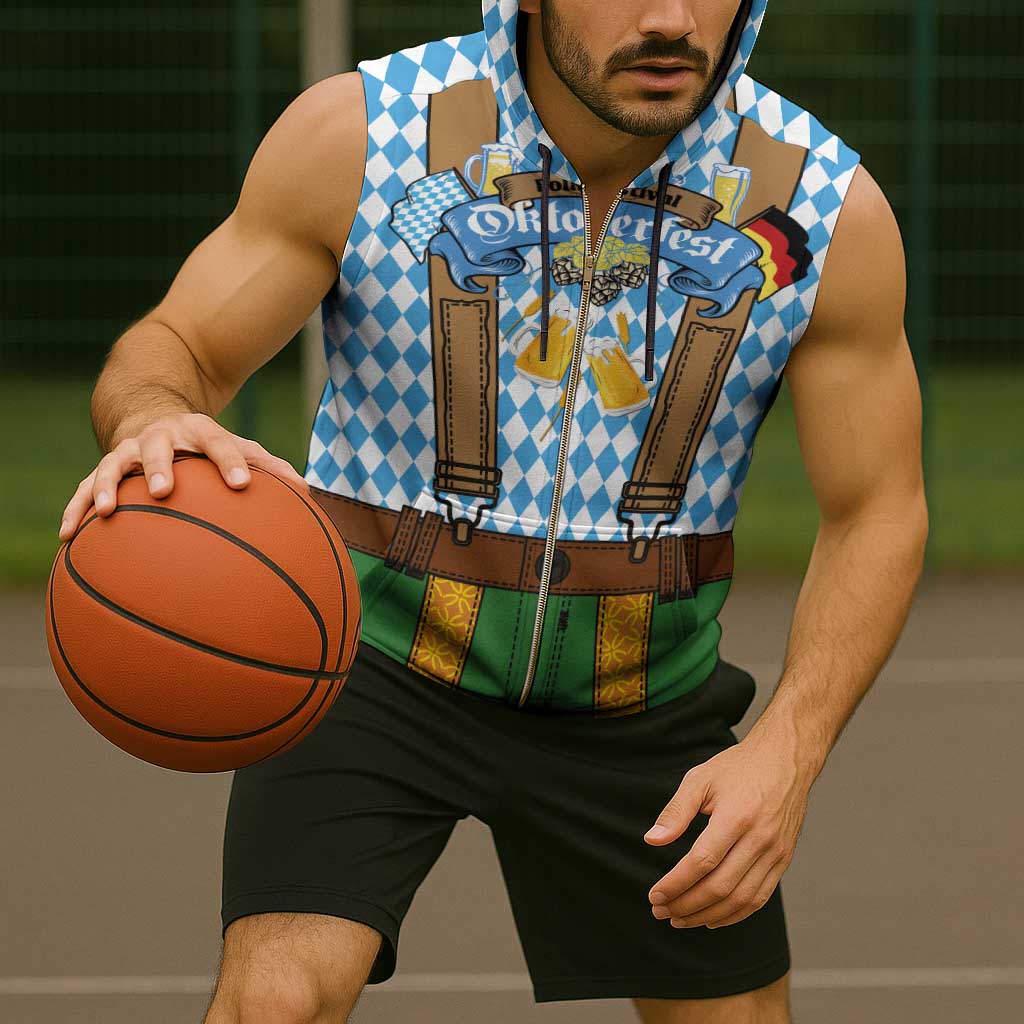 Oktoberfest Sleeveless Zip Hoodie Beer Festival Spirit Lederhosen Costume Style - Wonder Print Shop