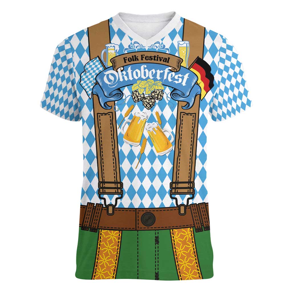 Oktoberfest Women V-Neck T-Shirt Beer Festival Spirit Lederhosen Costume Style - Wonder Print Shop