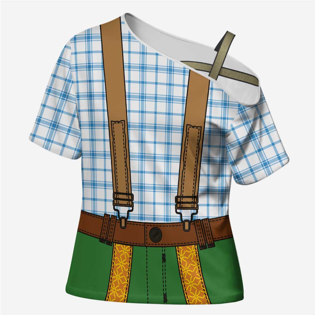 Bavarian Lederhosen Costume Style Cross Shoulder Shirt Blue Caro Pattern - Wonder Print Shop