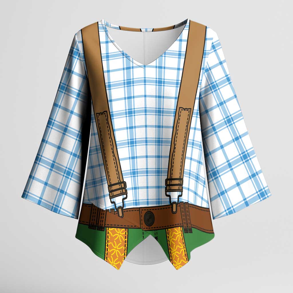Bavarian Lederhosen Costume Style Kimono Sleeve Blouse Blue Caro Pattern - Wonder Print Shop