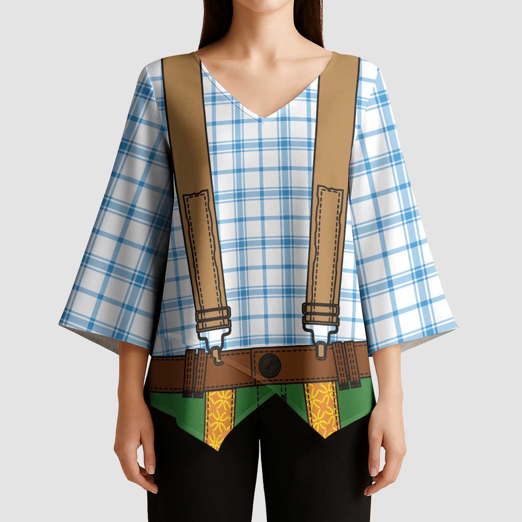 Bavarian Lederhosen Costume Style Kimono Sleeve Blouse Blue Caro Pattern - Wonder Print Shop