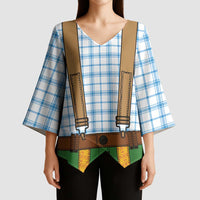 Bavarian Lederhosen Costume Style Kimono Sleeve Blouse Blue Caro Pattern - Wonder Print Shop
