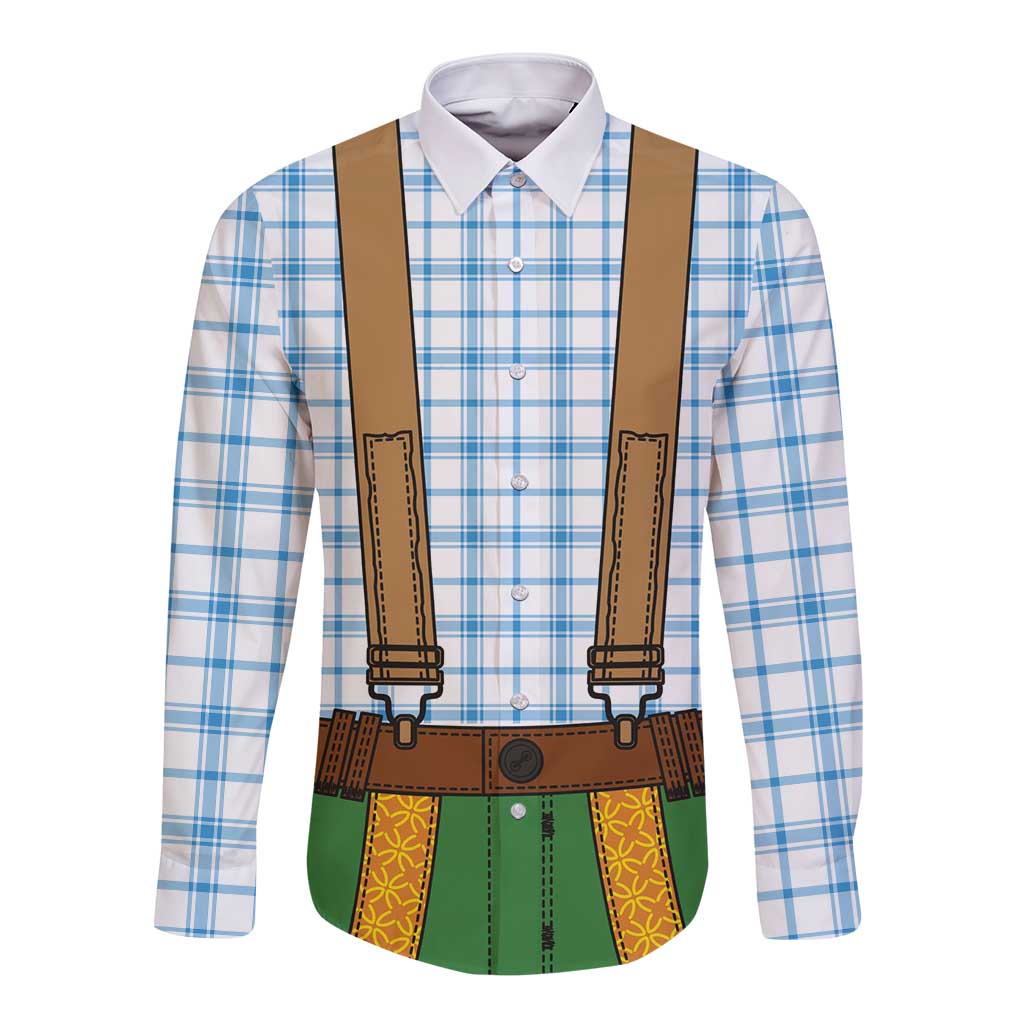 Bavarian Lederhosen Costume Style Long Sleeve Button Shirt Blue Caro Pattern - Wonder Print Shop