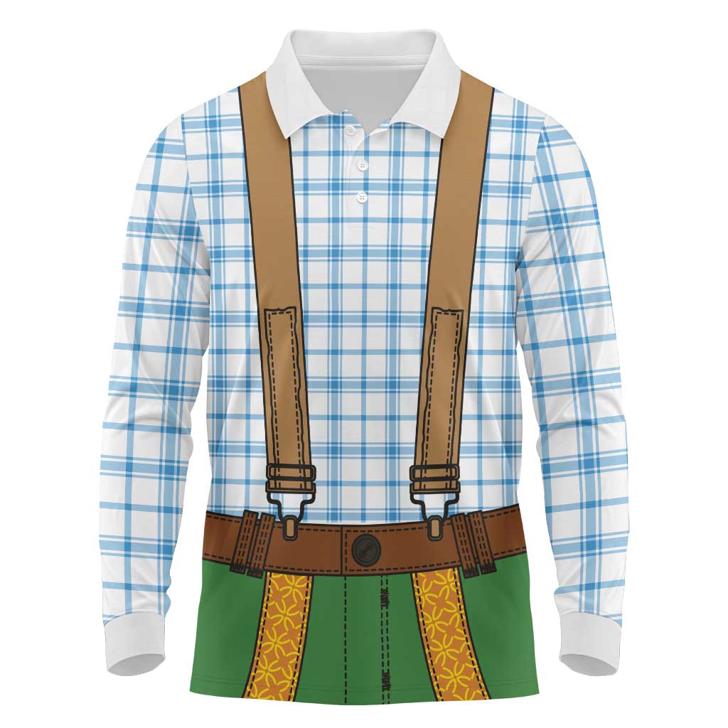 Bavarian Lederhosen Costume Style Long Sleeve Polo Shirt Blue Caro Pattern - Wonder Print Shop