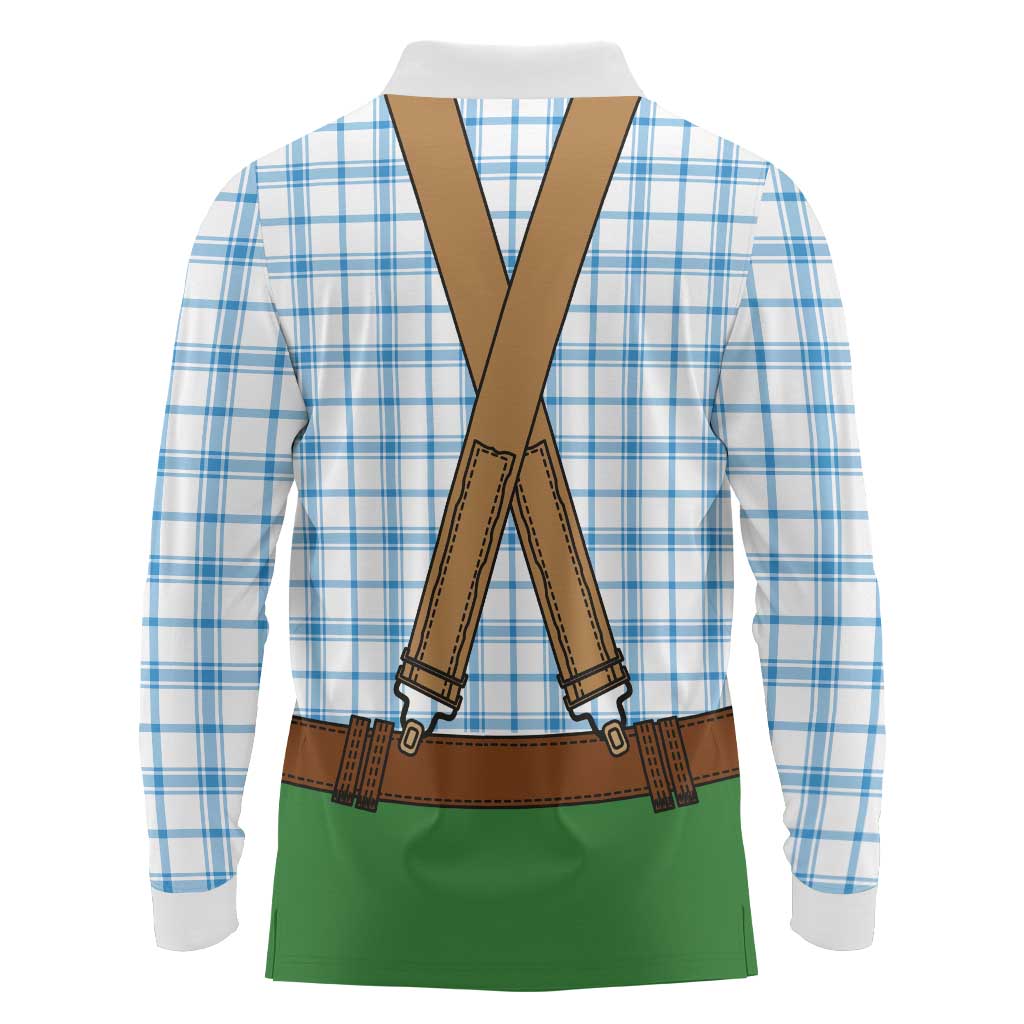 Bavarian Lederhosen Costume Style Long Sleeve Polo Shirt Blue Caro Pattern - Wonder Print Shop