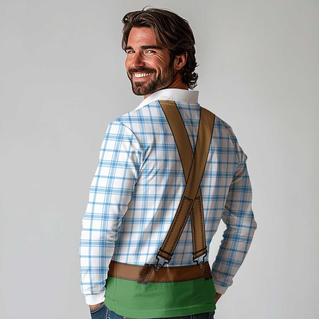 Bavarian Lederhosen Costume Style Long Sleeve Polo Shirt Blue Caro Pattern - Wonder Print Shop