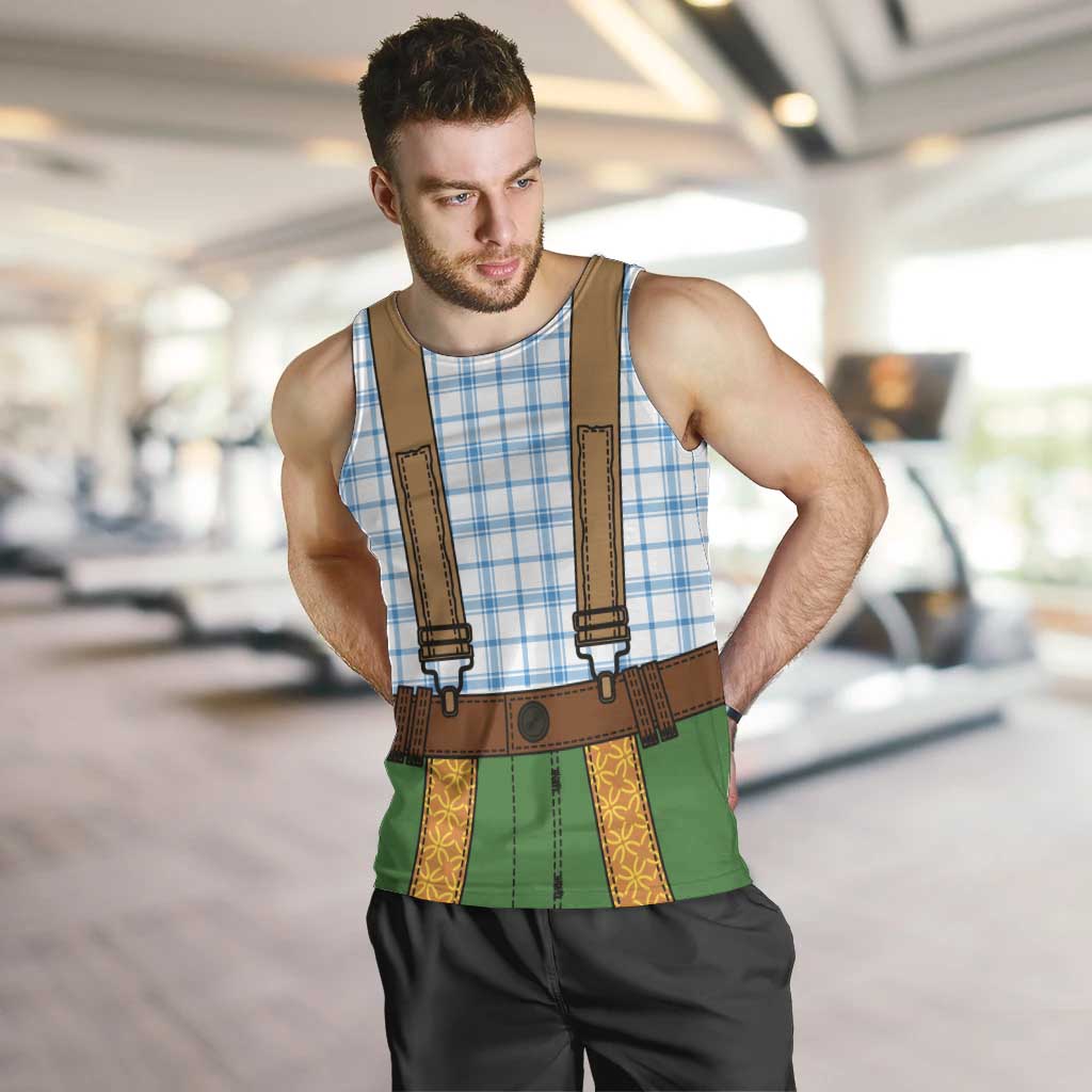Bavarian Lederhosen Costume Style Men Tank Top Blue Caro Pattern - Wonder Print Shop