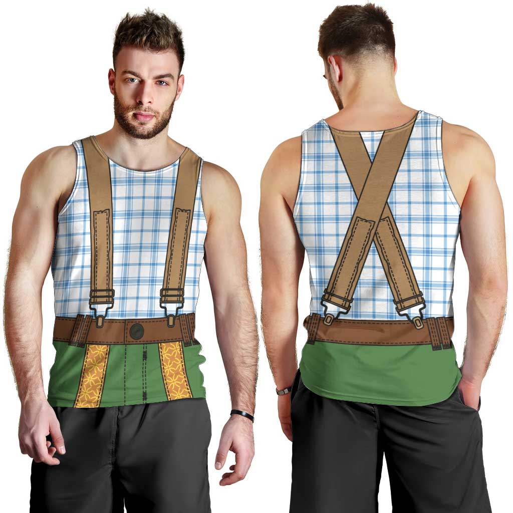 Bavarian Lederhosen Costume Style Men Tank Top Blue Caro Pattern - Wonder Print Shop