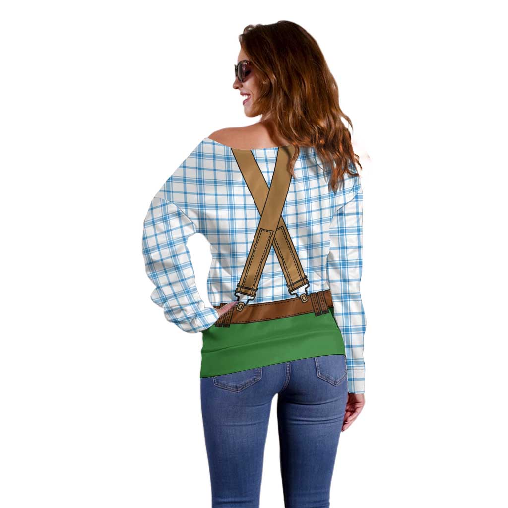 Bavarian Lederhosen Costume Style Off Shoulder Sweater Blue Caro Pattern - Wonder Print Shop