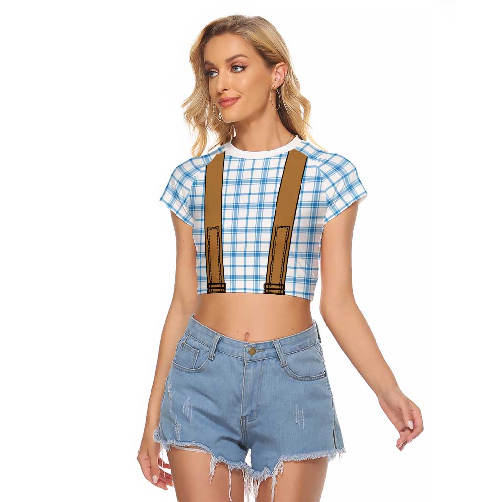 Bavarian Lederhosen Costume Style Raglan Cropped T Shirt Blue Caro Pattern - Wonder Print Shop