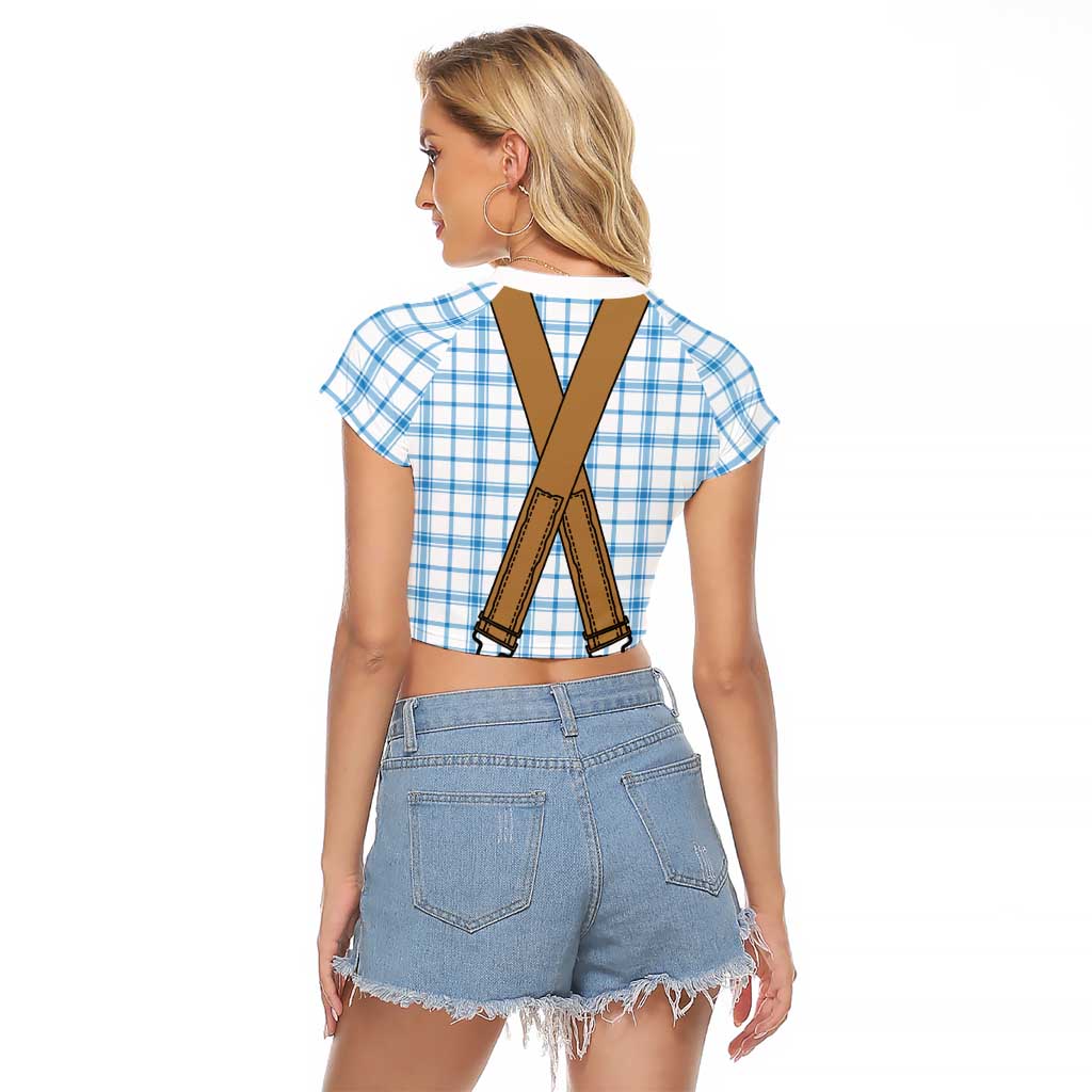 Bavarian Lederhosen Costume Style Raglan Cropped T Shirt Blue Caro Pattern - Wonder Print Shop