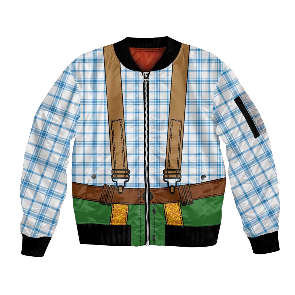 Bavarian Lederhosen Costume Style Sleeve Zip Bomber Jacket Blue Caro Pattern - Wonder Print Shop