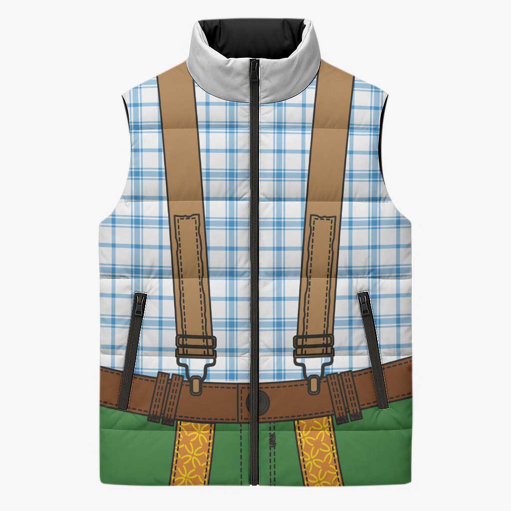 Bavarian Lederhosen Costume Style Sleeveless Puffer Jacket Blue Caro Pattern - Wonder Print Shop