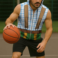 Bavarian Lederhosen Costume Style Sleeveless Zip Hoodie Blue Caro Pattern - Wonder Print Shop