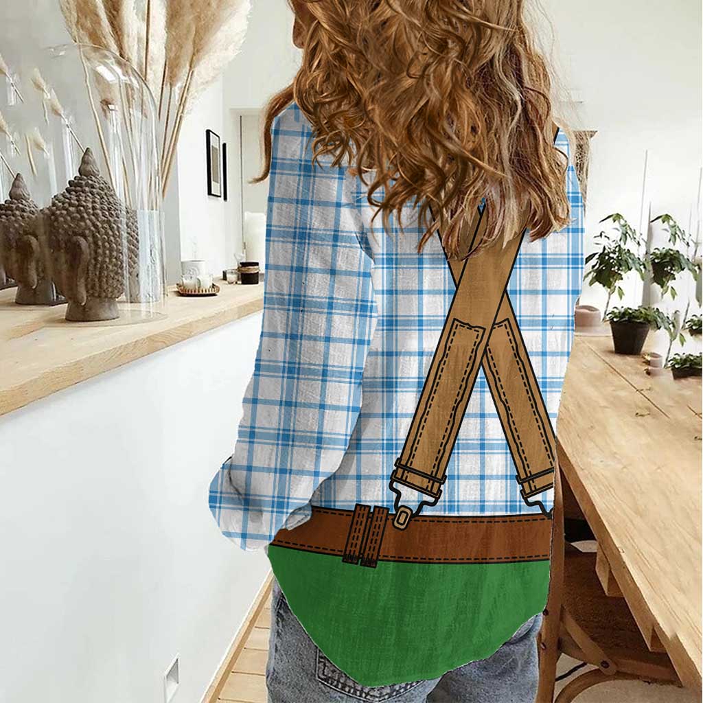 Bavarian Lederhosen Costume Style Women Casual Shirt Blue Caro Pattern - Wonder Print Shop