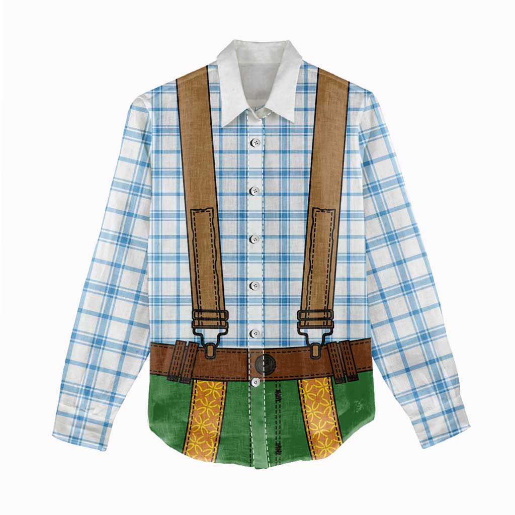 Bavarian Lederhosen Costume Style Women Casual Shirt Blue Caro Pattern - Wonder Print Shop