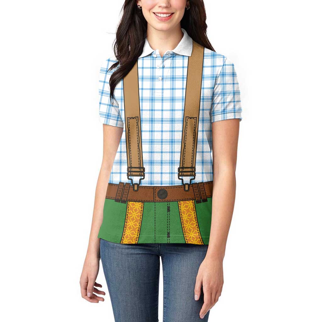 Bavarian Lederhosen Costume Style Women Polo Shirt Blue Caro Pattern - Wonder Print Shop