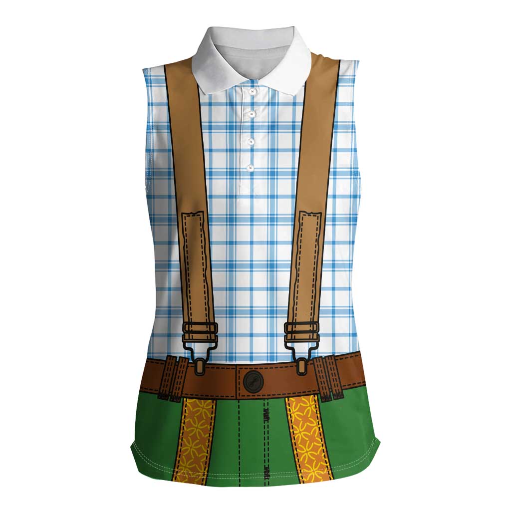 Bavarian Lederhosen Costume Style Women Sleeveless Polo Shirt Blue Caro Pattern - Wonder Print Shop