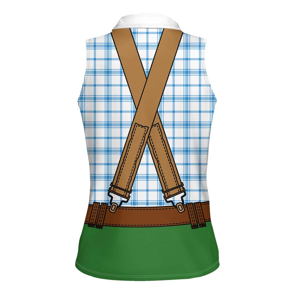 Bavarian Lederhosen Costume Style Women Sleeveless Polo Shirt Blue Caro Pattern - Wonder Print Shop