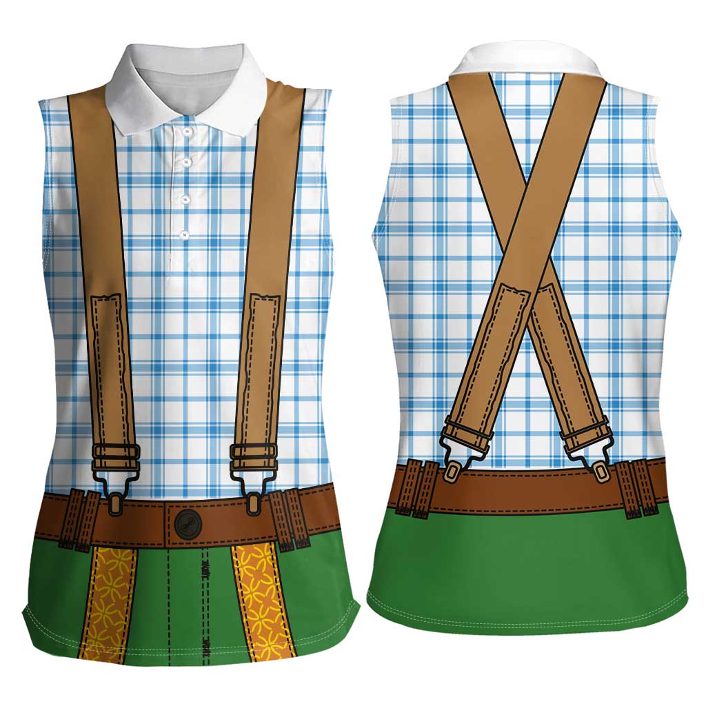 Bavarian Lederhosen Costume Style Women Sleeveless Polo Shirt Blue Caro Pattern - Wonder Print Shop