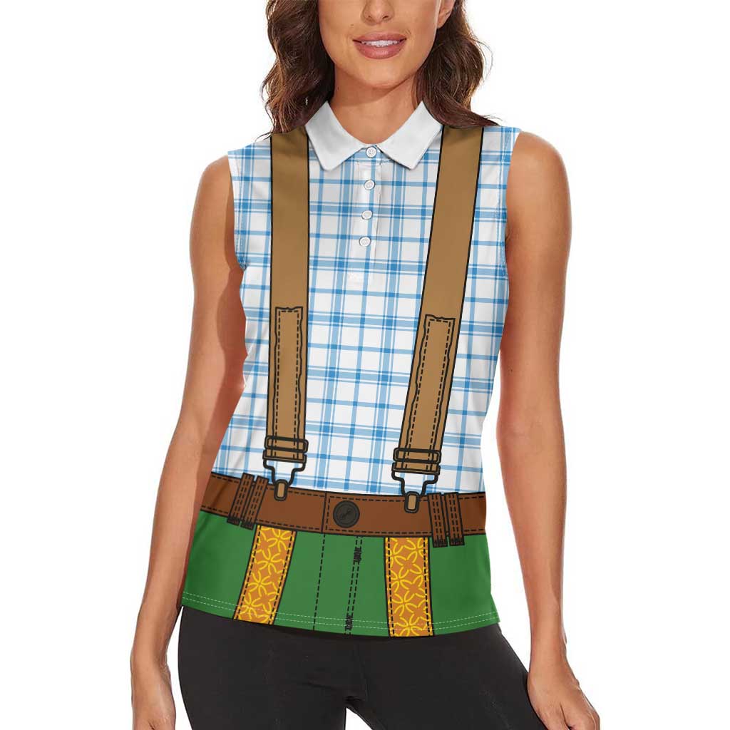 Bavarian Lederhosen Costume Style Women Sleeveless Polo Shirt Blue Caro Pattern - Wonder Print Shop